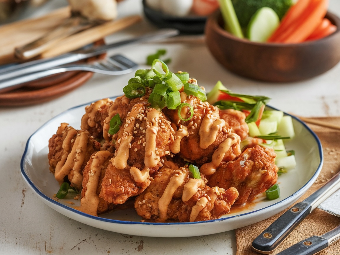 Crispy Bang Bang Chicken coated in spicy sauce, garnished with green onions and sesame seeds on a rustic plate.